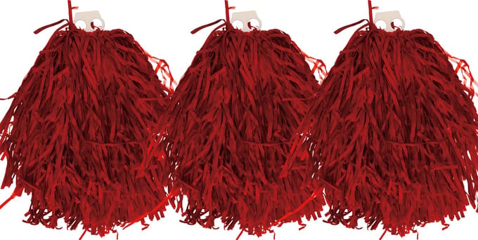 Cheerballs/pompoms - 6x - rood - met franjes en ring handgreep - 28 cm