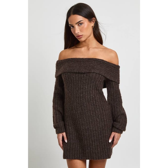 boohoo Dames Petite grofgebreide Bardot mini-jurk | Chocolate | Maat: Large