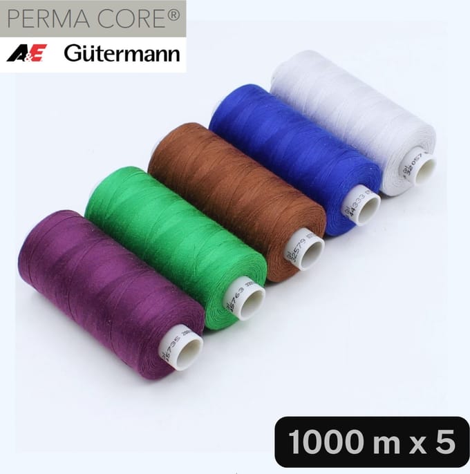 Gütermann Perma Core Naaigaren – 5 × 1000 m – Polyestergaren – Paars, Groen, Bruin, Blauw & Wit