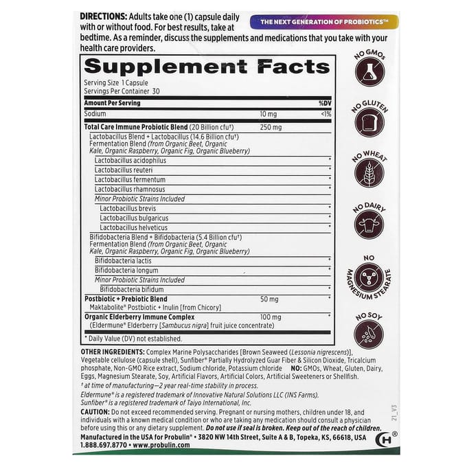 Probulin, Total Care Immune Probiotic + Prebiotic & Postbiotic, contient du sureau véritable, 20 milliards, 30 capsules (20 milliards d'UFC par capsule)