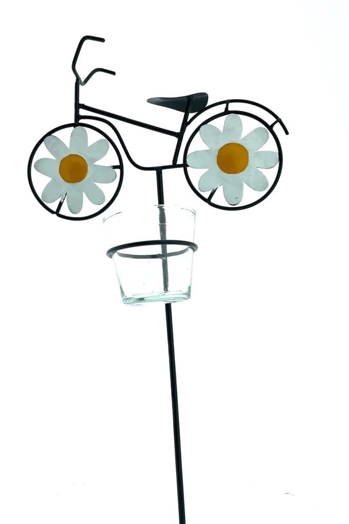 Metalen tuinsteker met zwarte fiets