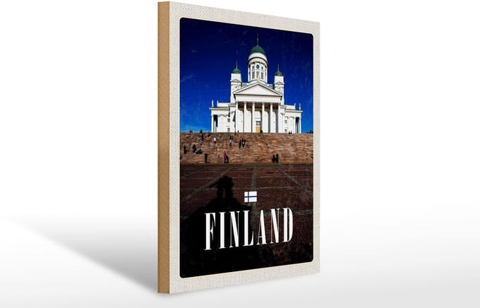 Holzschild Reise 30x40cm Finnland Kirche Treppe Architektur