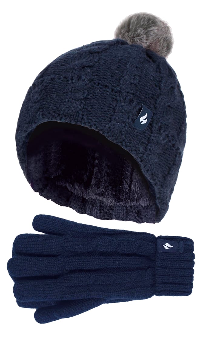 Heat Holders Meisjes Cable Bobble Muts En Handschoenen Set - Marine