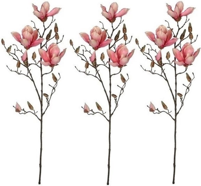 Mica Decorations Kunstbloem - 3x - Magnolia beverboom - roze - 80 cm - kunsttak