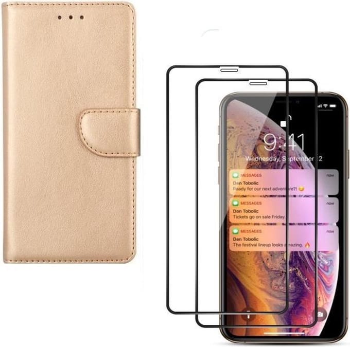 Bookcase Geschikt voor: iPhone XR - Bookcase goud - Portemonnee + 2X Full cover Tempered Glass Screenprotector