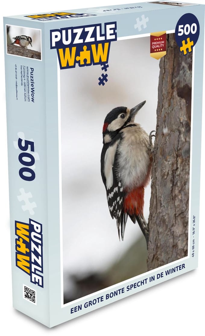 Puzzel Een grote bonte specht in de winter - Legpuzzel - Puzzel 500 stukjes