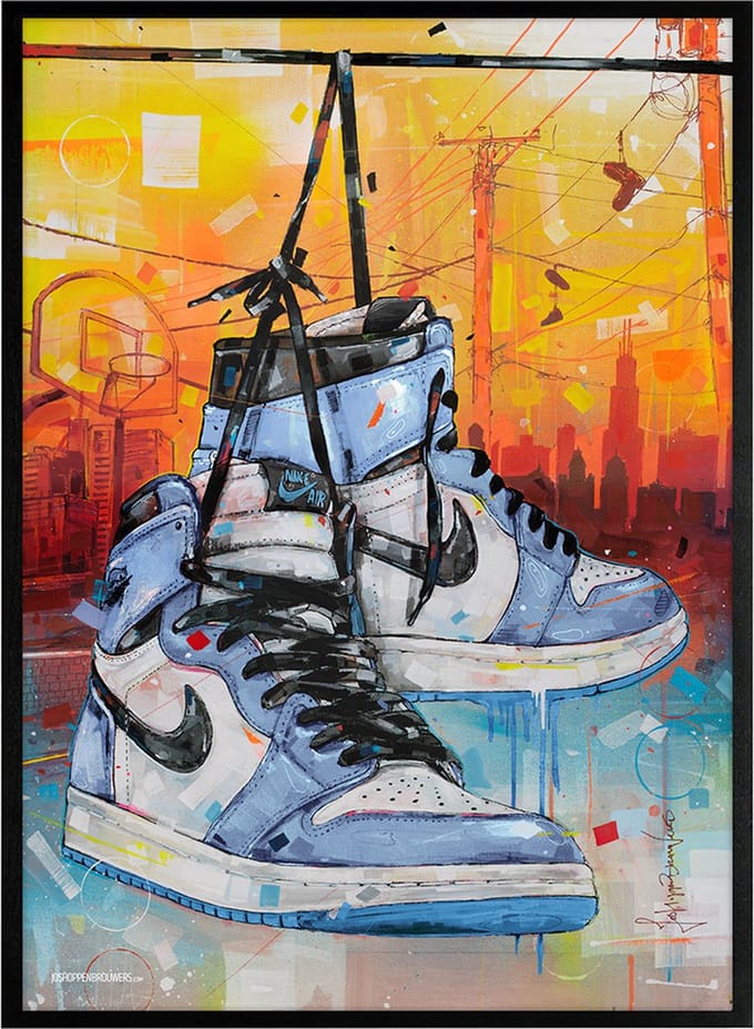 Sneaker print powerlines university blue 51x71 cm *ingelijst & gesigneerd