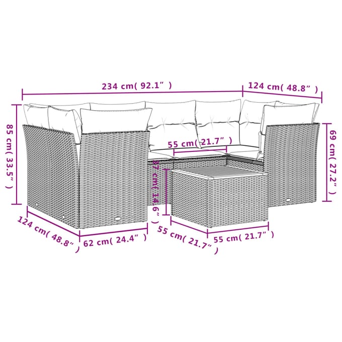 vidaXL - 7-delige - Loungeset - met - kussens - poly - rattan - beige