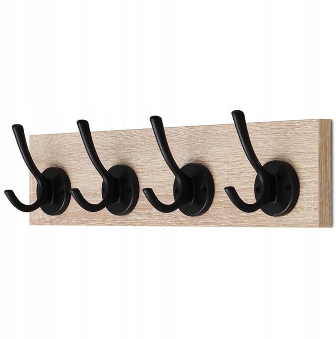 Retro Wandkapstok met 4 Haken - Dressoir Hout - Zwart