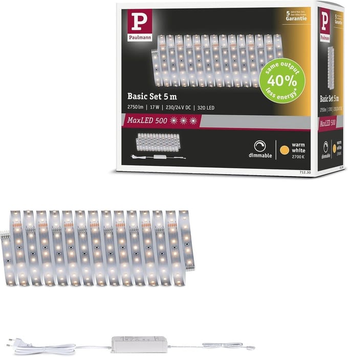 ' Paulmann 71230 MaxLED 500 LED-strip warm wit basisset 5m 17W 550lm/m 64 LED's/m 2700K 30VA'