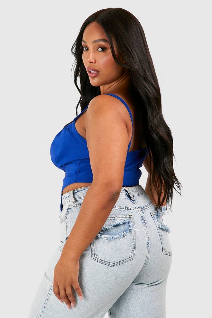 boohoo Dames Plus Tie Front Milkmaid Korset Top | Cobalt | Maat: 26