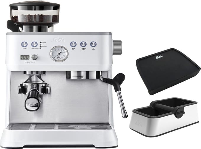 Solis Grind & Infuse Perfetta Pistonmachine Bundel - Espressomachine inclusief Uitklopbak en Tampingmat - Wit