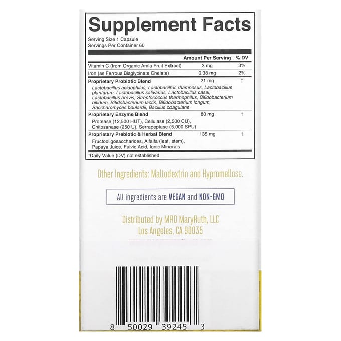 MaryRuth's, Santé bactérienne intestinale + enzymes, 60 capsules