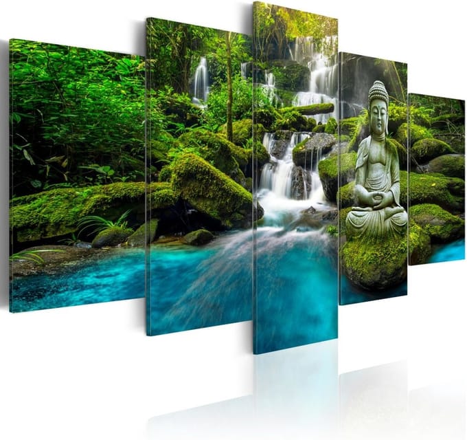 Schilderij -Boeddha in Harmonie , waterval , bos , 5 luik