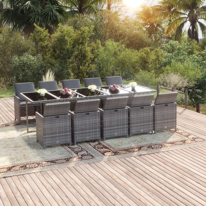 vidaXL - 11-delige - Tuinset - met - kussens - poly - rattan - grijs