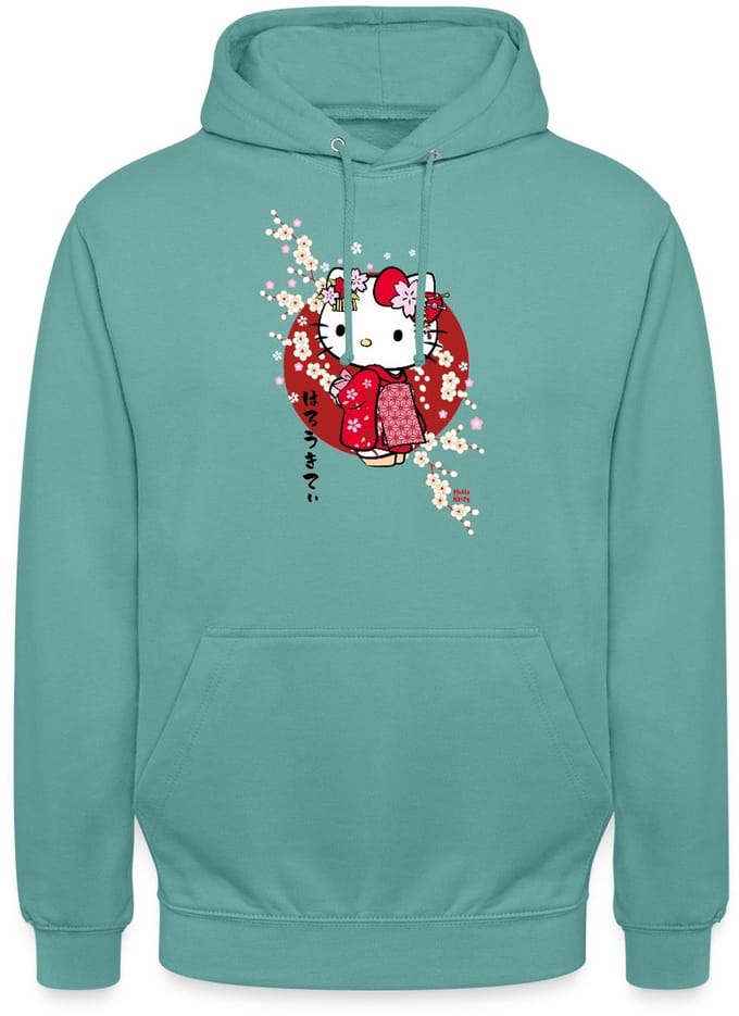 Hello Kitty In Een Rode Kimono En Kersenbloesems Hoodie Unisex