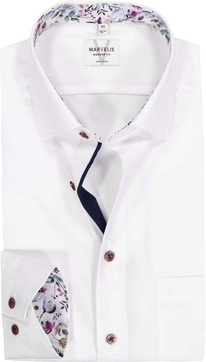 MARVELIS modern fit overhemd - mouwlengte 7 - fil a fil - wit - Strijkvrij - Boordmaat: 40 (EU maat: M)