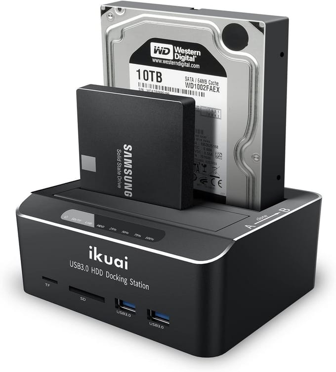 Dual Bay Hard Drive Dock SATA naar USB 3.0 voor 2.5" en 3.5" HDD en SSD met SD TF Card Reader