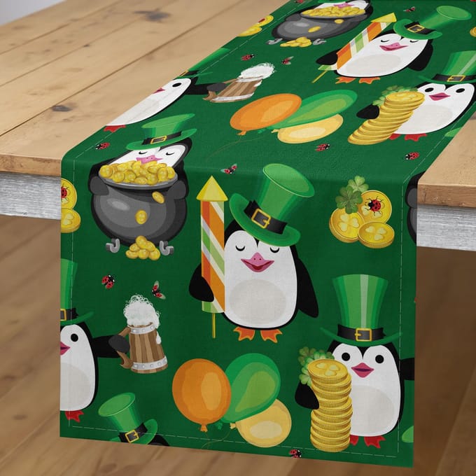 ABAKUHAUS tafelloper – pinguïn met hoed, 40x180 cm, jagergroen