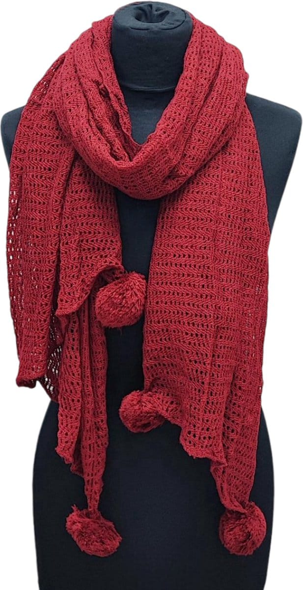 Lange Gebreide Sjaal - Pompon - Rood - 200 x 65 cm (4637)
