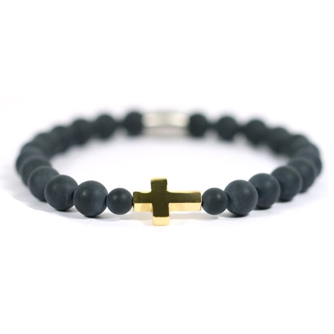 Heren armband Goud RVS kruis edelsteen matte onyx - IbizaMen -20cm