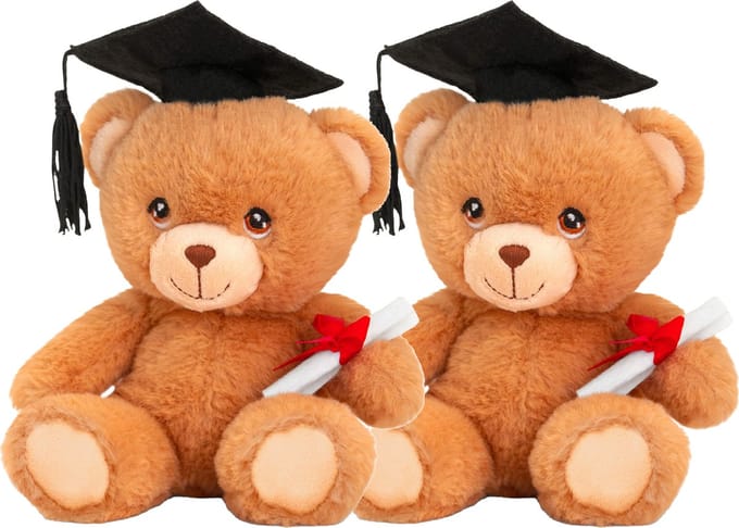 Keeleco - Pluche knuffel beer - 2x- geslaagd - diploma - bruin - 15 cm