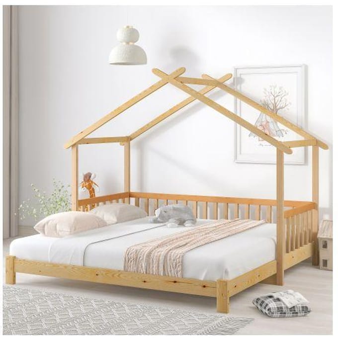 Lit cabane extensible, lit de maison, lit d'enfant, lit de jour, lit simple et double, bois massif pur, naturel (200x90cm)