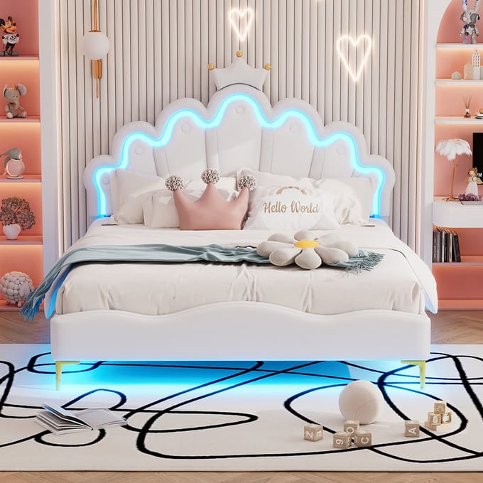 KOMHTOM Kinderbed Bed 140x200 cm Tweepersoonsbed Bekleed PU leer LED verstelbaar Wit