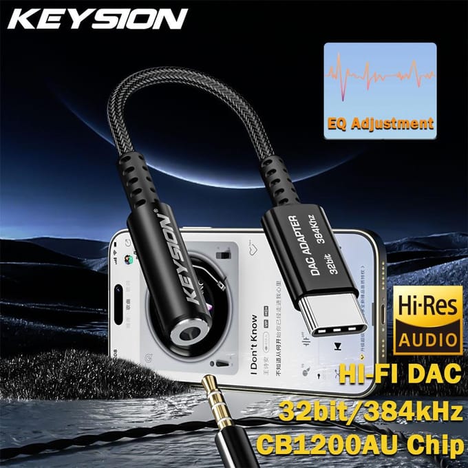 KEYSION Aanpassen EQ Type-C naar 3.5mm USB DAC Audio HiFi Decoder 32bit/384kHz ADC 48kHz HD Hoofdtelefoonversterker voor Android iOS Win10 zwart