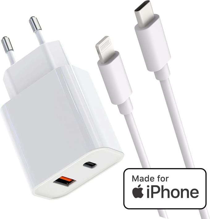 Snellader + usb-C naar Lightning Oplader Kabel - Geschikt voor iPhone 14, 13, 12, 11, X Snellader - Apple MFI Gecertificeerd - GaN Technologie