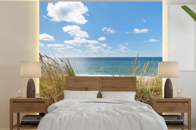 Behang - Fotobehang Duin - Gras - Zee - Strand - Breedte 220 cm x hoogte 220 cm