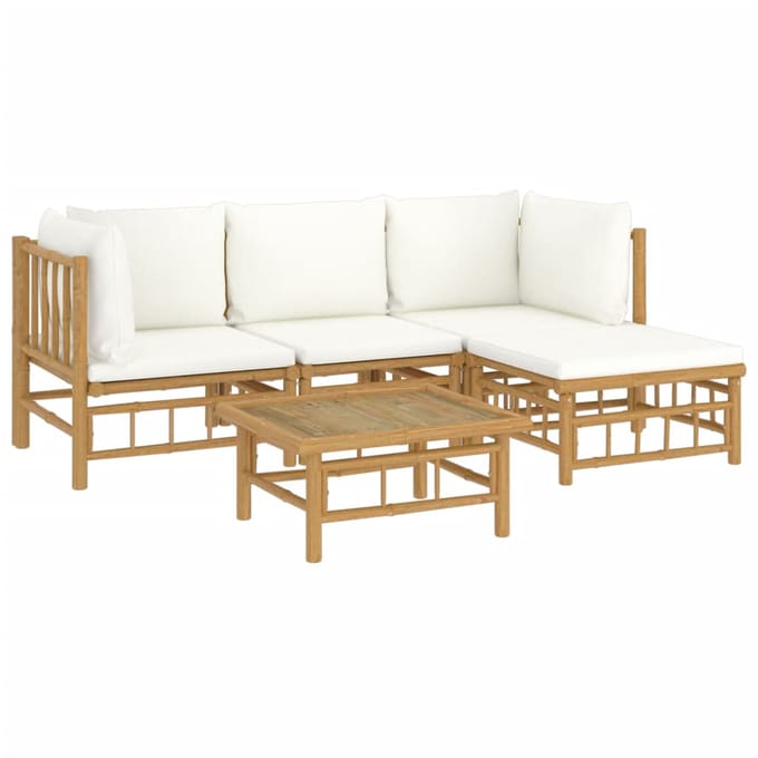 vidaXL - 5-delige - Loungeset - met - kussens - bamboe - crèmewit