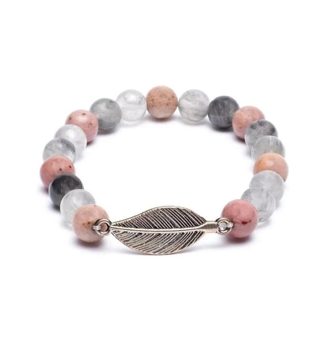 armband - rhodoniet - grijze kwarts + veer - mala