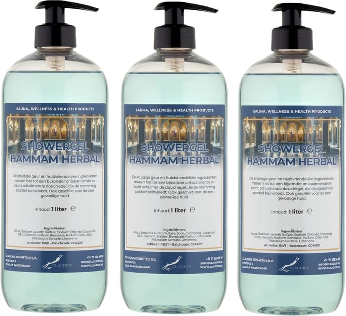 Douchegel Hammam Herbal 1 liter - set van 3 stuks - met gratis pomp - showergel