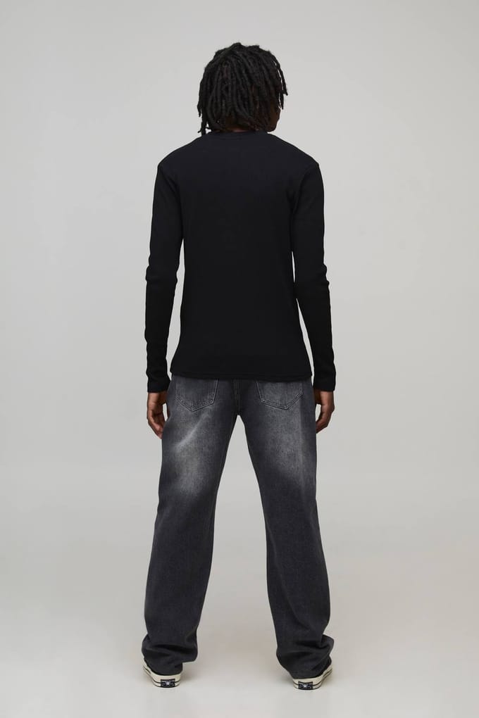 Muscle Fit geribbeld Henley T-shirt met Henley-hals | Black | Size Large