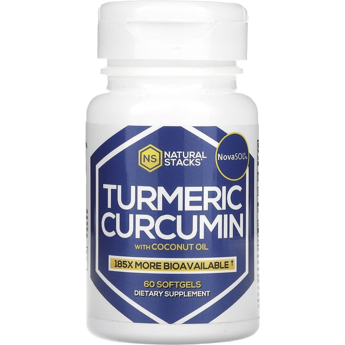 Natural Stacks, contenant de la curcumine de curcuma, de l'huile de coco, 60 capsules molles