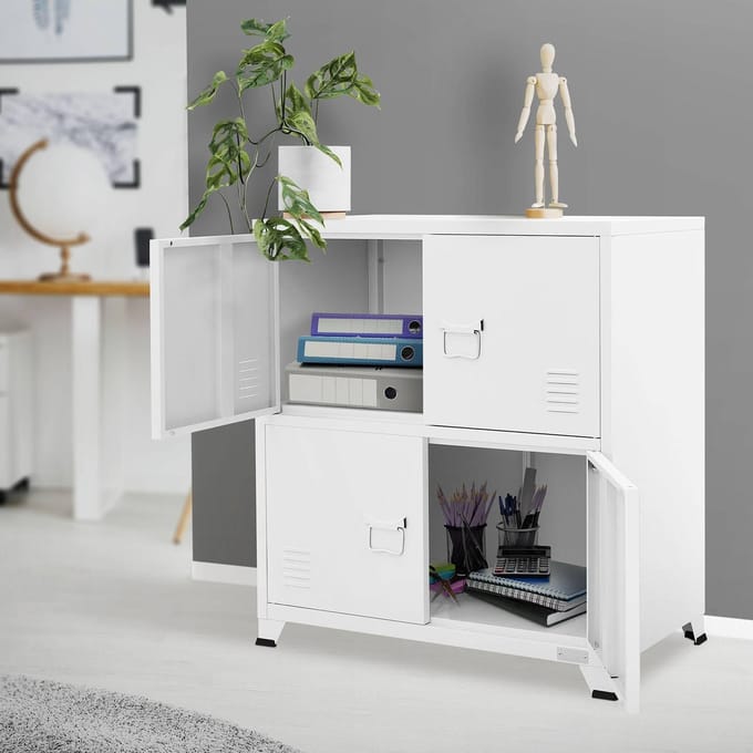 ML-Design archiefkast, 75x40x80,5 cm, wit, gemaakt van staal, vrijstaande kantoorkast 4 poten, metalen locker 4 deuren, 2 binnenvakken, industrieel, opbergkast stalen kast metalen kast opbergkast