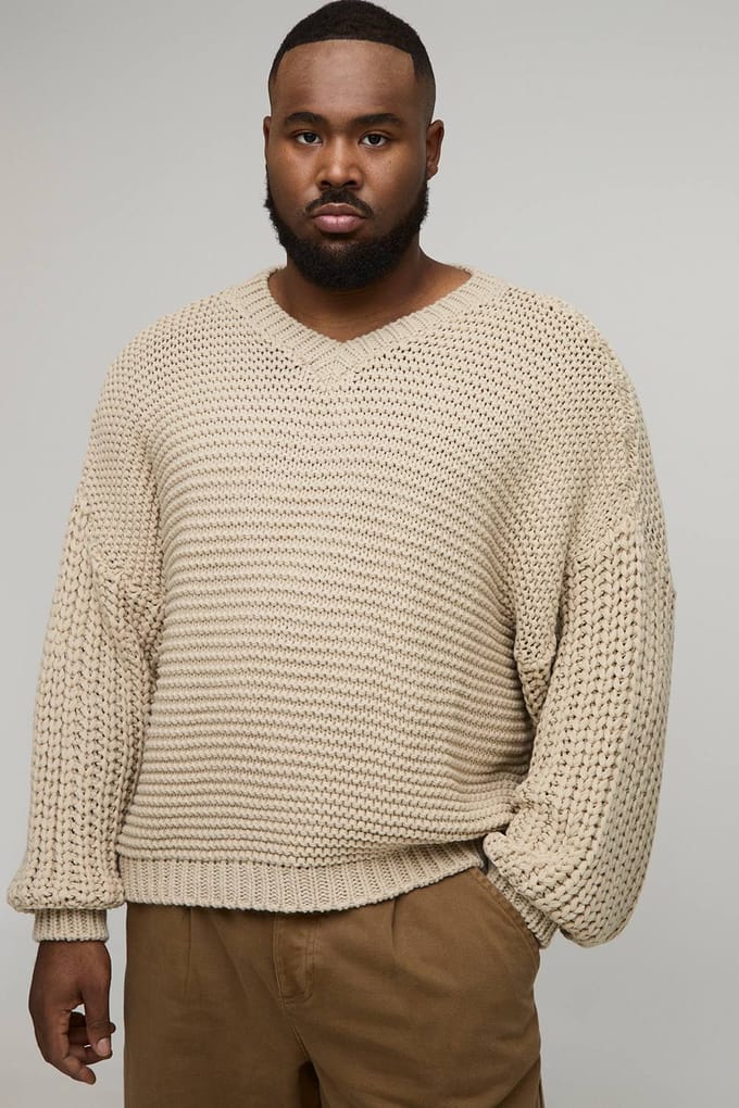 Plus Chunky Knit Oversized V Neck Jumper | Ecru | Size 2XL