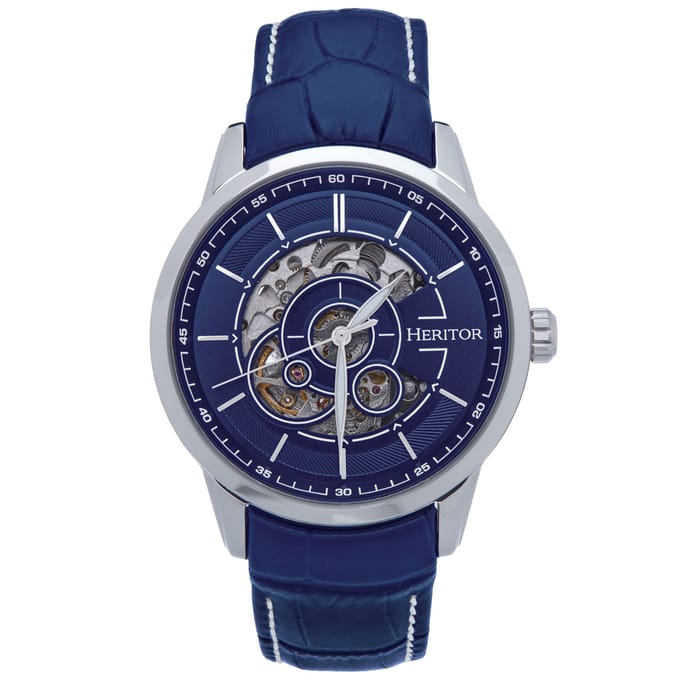 Heritor Automatic Davies Semi-Skelet leren band horloge - Zilver/Marineblauw