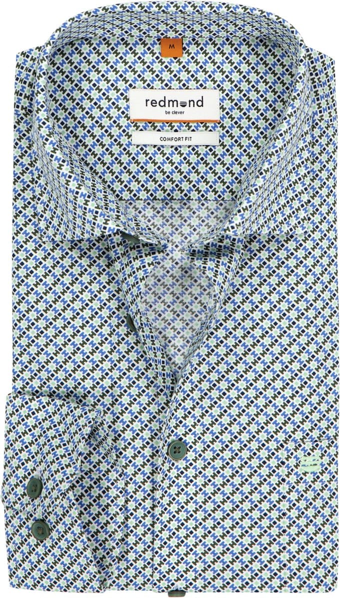 Redmond comfort fit overhemd - popeline - wit - groen - blauw dessin