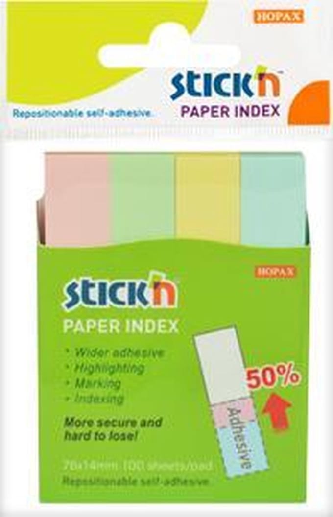 Stick'n Index Notes - Markeerstroken - Index Tabs - 76x14mm - 4x Verschillende Kleuren - 400 Memoblaadjes