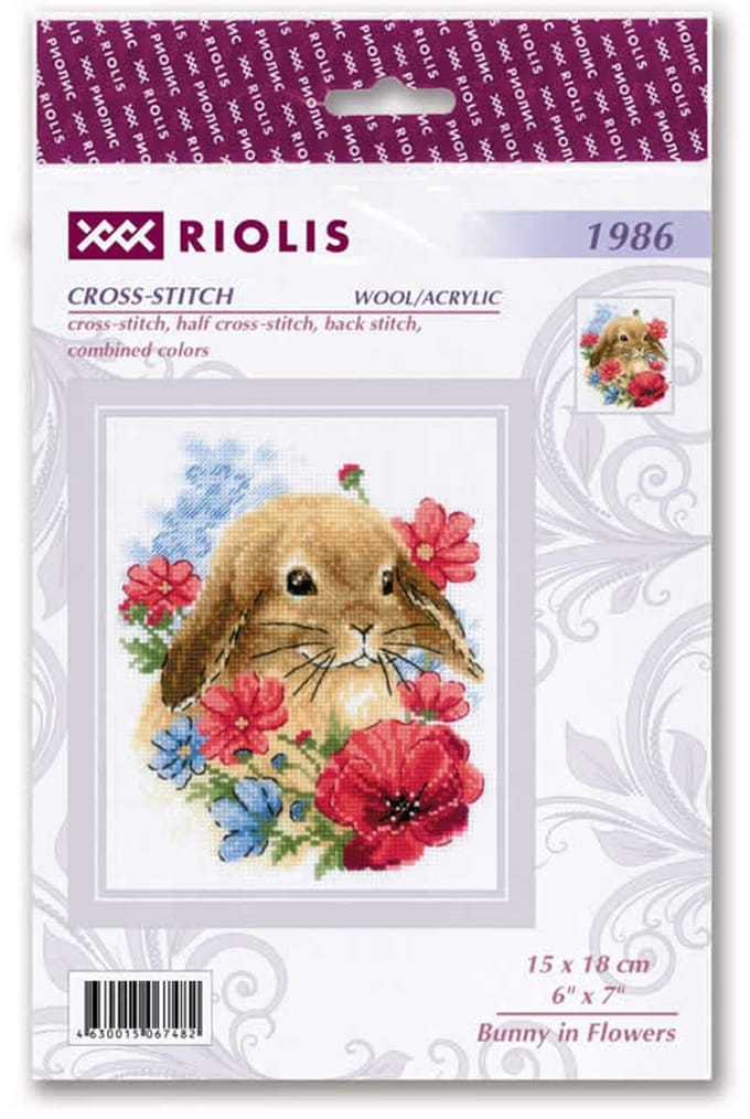 Borduurpakket konijn tussen de bloemen van Riolis 1986