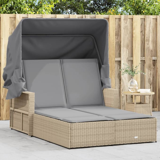 vidaXL - Ligbed - 2-persoons - luifel - en - kussens - poly - rattan - gemengd - beige