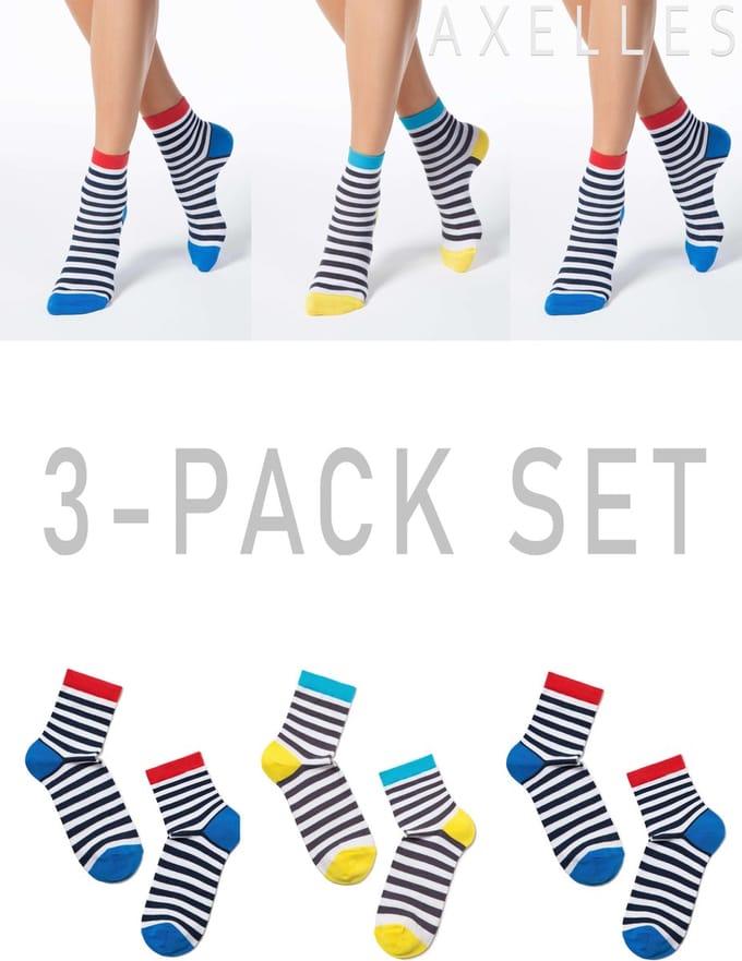Stijlvolle gestripte dames enkelsokken in cadeaudoos (3-set in blauw/lettuce groen/geel).