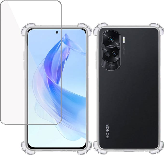 Hoesje + Screenprotector geschikt voor Honor 90 Lite – Tempered Glass - Extreme Shock Case Transparant