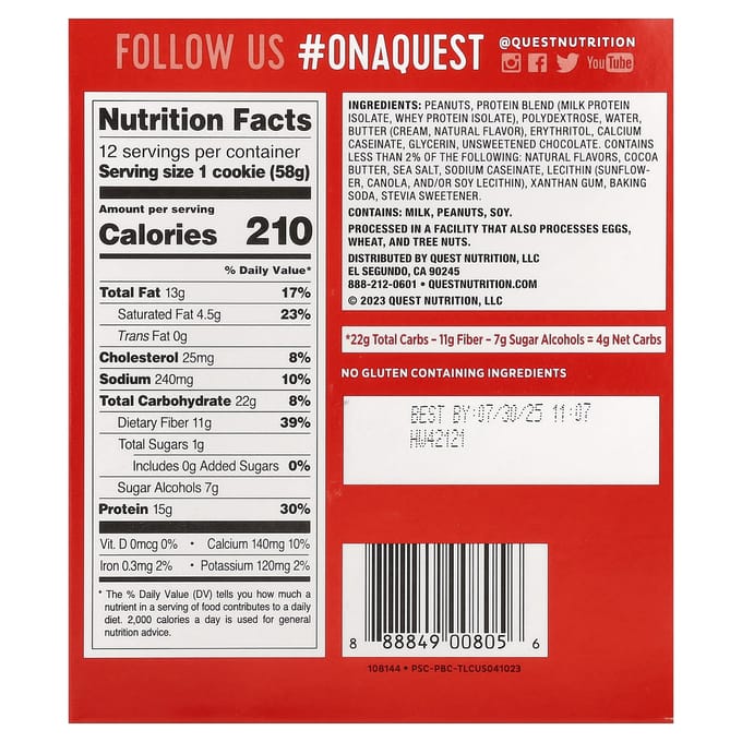 Quest Nutrition Protein Cookie (12x59g) Peanut Butter Chocolate Chip - Functionele voeding - Eiwit Snacks