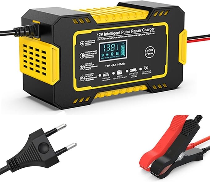 Motorfiets Acculader - Druppellader Onderhoudslader - Accu Onderhoud - Intelligente Microprocessor - 12V - Geel