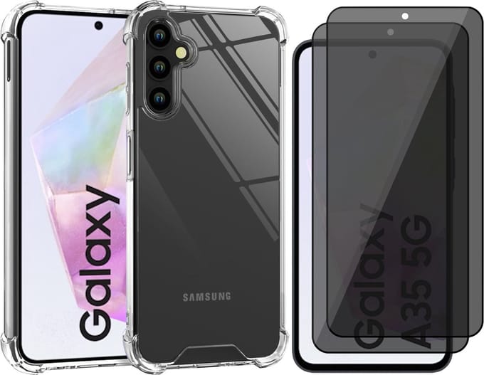 Hoesje geschikt voor Samsung Galaxy A35 - 2x Privacy Screenprotector Volledig Dekkend Glas - Shockproof Transparant