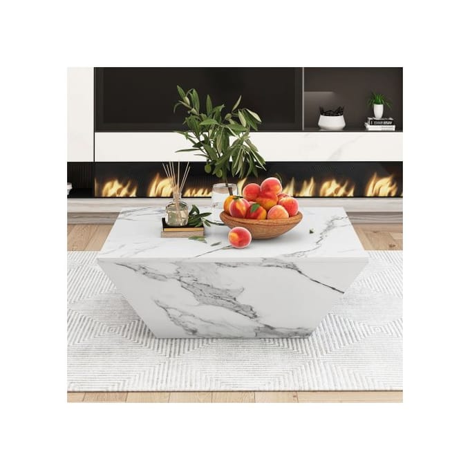 Table basse moderne - MUVOE - Trapézoïdale - Marbre blanc plaqué - 70x70x37cm - Design contemporain blanc