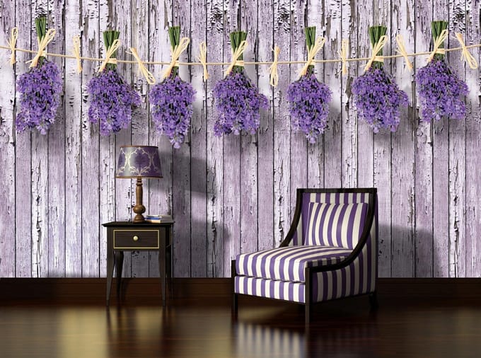 Wooden Wall Flowers Lavender Photo Wallcovering